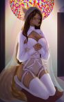  absurd_res anthro bottomwear breasts butt canid canine canis cathedral clothing dawn_(disambiguation) female hi_res inside lingerie mammal narikusha nun pants pillow pray prayer stained-glass sun temple underwear window wolf 