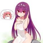  !!? 2girls bangs blush chan_co fate/grand_order fate_(series) hair_between_eyes headpiece heart light_smile looking_at_viewer medb_(fate)_(all) medb_(swimsuit_saber)_(fate) multiple_girls naked_towel open_mouth pink_hair red_eyes scathach_(fate)_(all) scathach_skadi_(fate/grand_order) side_ponytail simple_background spoken_character tiara towel twintails white_background 