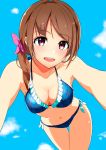  1girl :d ass_visible_through_thighs bare_arms bare_shoulders bikini blue_background blue_sky blush bow breasts brown_eyes brown_hair cloud cowboy_shot dot_nose eyebrows_visible_through_hair hair_bow hi_iro large_breasts leaning_forward looking_at_viewer medium_hair navel open_mouth original pink_bow round_teeth side-tie_bikini side_ponytail sky smile solo standing swimsuit teeth thigh_gap title 