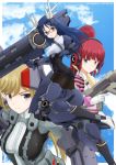  3girls alice_gear_aegis black_legwear blonde_hair blue_gloves blue_hair closed_mouth commentary_request company_name eyebrows_visible_through_hair fujino_yayoi glasses gloves green_eyes grey_eyes hair_between_eyes headphones highres holding holding_weapon mecha_musume momoshina_fumika multiple_girls open_mouth pantyhose ponytail red_hair rita_henschel shirt sky smile striped striped_shirt weapon white_gloves yanase_takayuki 