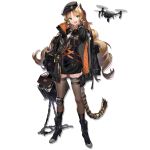  1girl :d animal_ear_fluff animal_ears arknights bangs beret black_coat black_footwear black_headwear black_jacket black_skirt blonde_hair boots bow bowtie breasts brown_legwear chain collared_shirt curly_hair drill_hair drone fang flail full_body geya_(yoomario) green_eyes hand_up hat high-waist_skirt high_heel_boots high_heels holding holding_weapon jacket jacket_on_shoulders large_breasts long_hair long_sleeves looking_at_viewer official_art open_mouth orange_neckwear pouch shirt sidelocks single_knee_pad skirt smile solo striped_tail swire_(arknights) tachi-e tail tail_ring thigh_pouch thigh_strap thighhighs tiger_ears tiger_girl tiger_tail transparent_background very_long_hair weapon white_shirt 