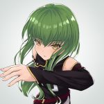  1girl absurdres bangs black_sleeves c.c. closed_mouth code_geass detached_sleeves eyebrows_visible_through_hair green_hair grey_background hair_between_eyes highres light_(sdga5524) long_hair long_sleeves shiny shiny_hair solo upper_body very_long_hair yellow_eyes 