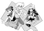  1girl 2boys ayateaori boots diamond_(pokemon) dress full_body greyscale looking_at_viewer monochrome multiple_boys pants pearl_(pokemon) platinum_berlitz pokemon pokemon_special scarf shirt 