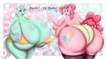  16:9 absurd_res anthro areola areola_slip big_breasts big_butt bikini breasts butt cleavage clothed clothing dialogue duo equid evan555alpha female friendship_is_magic hi_res horn huge_breasts huge_butt hyper hyper_breasts hyper_butt lyra_heartstrings_(mlp) mammal my_little_pony nipple_outline pinkie_pie_(mlp) swimwear unicorn 
