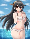  1girl bikini black_hair blue_sky breasts brown_eyes cleavage cloud commentary_request cowboy_shot day frilled_bikini_bottom hair_ornament hairband hairclip hands_on_own_chest haruna_(kantai_collection) headgear highres horizon kantai_collection large_breasts long_hair looking_at_viewer ocean outdoors simoyuki sky solo sparkle swimsuit white_bikini 