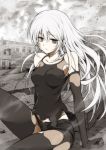  1girl absurdres android artist_request bangs bare_shoulders black_gloves blue_eyes breasts collarbone elbow_gloves eyebrows_visible_through_hair gloves highres large_breasts long_hair messy_hair mole mole_under_mouth nier_(series) nier_automata outdoors silver_hair sitting solo thighhighs yorha_type_a_no._2 