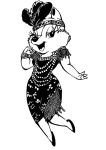  accessory anthro black_and_white bracelet chipmunk clarice_(disney) clothed clothing disney dress eyelashes feathers female footwear gem ground_squirrel half-closed_eyes headband hi_res jack031206 jewelry looking_at_viewer mammal monochrome narrowed_eyes necklace open_mouth open_smile pearl_(gem) pearl_necklace rodent sciurid sequin_dress simple_background smile 