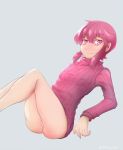  1girl ass blue_background blush bottomless breasts closed_mouth eyebrows_visible_through_hair farucun jakuzure_nonon kill_la_kill looking_at_viewer lying no_panties on_back pink_eyes pink_hair pink_sweater pussy shiny shiny_hair short_hair simple_background small_breasts smile solo sweater 