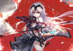  1girl armor armored_dress black_dress black_gloves breasts chain cleavage closed_mouth cowboy_shot dress fate/grand_order fate_(series) faulds floating_hair gloves highres holding holding_sword holding_weapon jeanne_d&#039;arc_(alter)_(fate) jeanne_d&#039;arc_(fate)_(all) long_hair looking_at_viewer medium_breasts midriff navel navel_cutout orange_eyes red_background silver_hair sleeveless sleeveless_dress smile solo standing stomach sword vardan very_long_hair weapon 