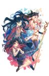  2girls armpits bangs bare_shoulders black_hair black_skirt blue_eyes brown_footwear character_name commentary eyebrows_visible_through_hair fate_(series) highres holding holding_staff ishtar_(fate)_(all) ishtar_(fate/grand_order) jacket long_hair looking_at_viewer multicolored_hair multiple_girls multiple_views navel red_eyes red_hair red_jacket red_ribbon ribbon shirt shoes skirt smile staff toosaka_rin two-tone_hair white_shirt yorktown_cv-5 