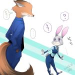  1:1 2016 ? anthro bottomwear brown_body brown_fur canid canine clothed clothing disney duo fox fully_clothed fur grey_body grey_fur hands_in_pockets japanese_text judy_hopps lagomorph leporid looking_at_another mammal necktie nick_wilde pants pockets police_uniform rabbit red_fox sagara_shino shirt simple_background smile text thought_bubble topwear uniform zootopia 