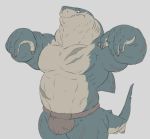  5_fingers anthro brown_clothing brown_underwear claws clothed clothing dorsal_fin fin fingers fish gadoran gills looking_down male marine muscular muscular_male portrait scar shark simple_background solo tail_fin teeth three-quarter_portrait topless underwear 