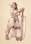  big_breasts breasts clothing female goblin hi_res humanoid janrock loincloth melee_weapon muscular muscular_female nipple_piercing nipples no_underwear piercing pubes simple_background sword thick_thighs weapon 