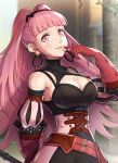  1girl arm_behind_back armpits axe bangs bare_shoulders belt black_ribbon black_skirt blunt_bangs blurry blurry_background breasts cleavage commentary_request corset cowboy_shot detached_sleeves earrings elbow_gloves finger_to_mouth fire_emblem fire_emblem:_three_houses gloves gonzarez hair_ribbon hand_up highres hilda_valentine_goneril holding holding_axe hoop_earrings jewelry large_breasts long_hair looking_at_viewer parted_lips pillar pink_belt pink_eyes pink_hair puffy_detached_sleeves puffy_sleeves red_gloves ribbon shadow sidelocks skirt smile solo standing twintails 