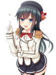  1girl :d asashio_(kantai_collection) bangs beret black_hair black_headwear black_legwear black_skirt blue_eyes blush breasts collared_shirt commentary_request cosplay double-breasted dress_shirt epaulettes eyebrows_visible_through_hair gloves hair_between_eyes hanazome_dotera hand_up hat heart index_finger_raised jacket kantai_collection kashima_(kantai_collection) kashima_(kantai_collection)_(cosplay) long_hair long_sleeves looking_at_viewer open_mouth pleated_skirt shirt simple_background skirt sleeves_past_wrists small_breasts smile solo thighhighs upper_teeth very_long_hair white_background white_gloves white_jacket white_shirt 