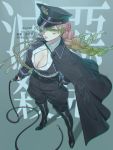  1girl bangs boots braid breasts capelet cleavage cleavage_cutout collared_shirt commentary eyebrows_visible_through_hair full_body gradient_hair green_eyes green_hair hand_on_hip hat high_heel_boots high_heels holding holding_weapon holding_whip kanroji_mitsuri kimetsu_no_yaiba large_breasts long_hair long_sleeves looking_at_viewer looking_up military military_hat military_uniform mizuki_mau mole mole_under_eye multicolored_hair multiple_braids parted_lips pink_hair shirt solo standing tassel thigh_boots thighhighs twitter_username uniform weapon whip 