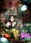  1girl absurdres alice:_madness_returns alice_(wonderland) american_mcgee&#039;s_alice black_hair chiizu_namasu closed_mouth commentary_request dice dress highres long_hair looking_at_viewer mushroom smile solo statue striped striped_legwear water 