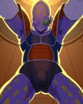  2020 alien appule armor bodily_fluids bulge close-up clothed clothing dragon_ball dragon_ball_z eyewear gloves handwear looking_at_viewer male multicolored_body multicolored_skin not_furry ottlyoo pecs purple_body purple_skin scouter smile solo standing sweat teeth thick_thighs yellow_body yellow_skin 