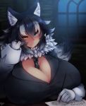  animal_humanoid between_breasts big_breasts black_hair blue_eyes breast_rest breasts canid canid_humanoid canine canine_humanoid cleavage clothed clothing cute_fangs dipstick_tail dress_shirt female ginzake_(mizuumi) grey_wolf_(kemono_friends) hair heterochromia huge_breasts humanoid inner_ear_fluff inside kemono_friends light_skin looking_at_viewer mammal mammal_humanoid multicolored_tail neck_tuft necktie nipple_outline pen shirt sitting smile topwear tuft window wolf_humanoid writing_text yellow_eyes 
