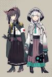  2girls :d alternate_costume armband black_hairband black_hakama boots brown_hair edel_(edelcat) epaulettes eyebrows_visible_through_hair facing_to_the_side gloves grey_background grey_eyes hachimaki hair_flaps hairband hakama hatsuzuki_(kantai_collection) headband high_heel_boots high_heels highres japanese_clothes kantai_collection katana kimono long_hair looking_at_viewer multiple_girls open_mouth purple_hakama rising_sun sheath sheathed short_hair silver_hair simple_background smile sunburst suzutsuki_(kantai_collection) sword weapon white_kimono yellow_eyes 