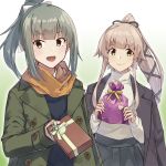  2girls alternate_costume bow box brown_eyes gift gift_bow gift_box gradient gradient_background green_hair green_jacket grey_hair grey_jacket grey_skirt hair_bow hair_flaps heart holding holding_gift jacket kantai_collection konishi_(koconatu) long_hair looking_at_viewer medium_hair multiple_girls official_art open_mouth orange_scarf pink_hair ponytail ribbon scarf skirt smile sweater valentine very_long_hair white_sweater yellow_eyes yura_(kantai_collection) yuubari_(kantai_collection) 