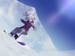  1girl alternate_costume asashimo_(kantai_collection) black_legwear grey_hair grey_pants hair_over_one_eye kantai_collection pants purple_coat smile snowboard snowboarding solo yamaioni_(sasakama) 