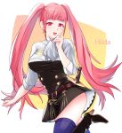  1girl belt blue_legwear character_name fire_emblem fire_emblem:_three_houses garreg_mach_monastery_uniform high_heels highres hilda_valentine_goneril long_hair open_mouth pink_eyes pink_hair simple_background solo sou_mei thighhighs twintails uniform 