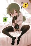  2girls anger_vein bed blush cellphone ehoumaki eighth_note food green_eyes green_hair highres holding holding_cellphone holding_phone igarashi_futaba_(shiromanta) kurobe_natsumi_(shiromanta) makizushi medium_hair multiple_girls musical_note nail_polish no_pants pantyhose phallic_symbol phone senpai_ga_uzai_kouhai_no_hanashi setsubun sexually_suggestive shiromanta smartphone spoken_anger_vein spoken_musical_note sushi taking_picture tearing_up yellow_nails 