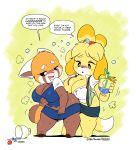  2020 aggressive_retsuko ailurid alcohol animal_crossing anthro anthro_on_anthro beady_eyes beverage big_breasts blonde_hair blush bodily_fluids breasts canid canine canis cleavage clothed clothing crossover dialogue digital_media_(artwork) dipstick_tail domestic_dog drinking_glass drunk duo english_text female female/female hair hi_res holding_object isabelle_(animal_crossing) joaoppereiraus looking_back mammal multicolored_tail nintendo open_mouth red_panda retsuko sanrio shih_tzu short_stack signature speech_bubble substance_intoxication sweat text thick_thighs toy_dog video_games 
