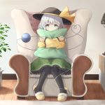  1girl armchair arms_up bangs black_headwear black_legwear bright_pupils chair commentary covered_mouth crossed_arms eyebrows_visible_through_hair floral_print frilled_sleeves frills green_eyes green_skirt hat hat_ribbon heart heart_of_string highres indoors knees_together_feet_apart komeiji_koishi lamp long_sleeves looking_at_viewer nakit pantyhose petticoat pillow pillow_hug plant potted_plant ribbon rose_print rug shirt short_hair silver_hair sitting skirt slippers solo third_eye touhou white_pupils wooden_floor yellow_footwear yellow_shirt 