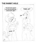  anthro black_and_white bottomless breasts canid canine clothed clothing dialogue duo english_text felid feline female fully_clothed genitals hi_res mammal monochrome pussy rockytoonzcomics simple_background text white_background 