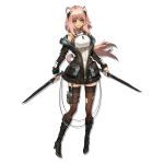  1girl animal_ear_fluff arknights bangs barcode_tattoo bare_shoulders black_footwear black_jacket blush bodysuit boots breastplate breasts brown_eyes brown_legwear chipmunk_girl chipmunk_tail dual_wielding full_body gravel_(arknights) guardless_sword headgear headset high_heel_boots high_heels holding holding_sword holding_weapon jacket knee_boots long_sleeves looking_at_viewer medium_breasts official_art open_clothes open_jacket partial_bodysuit pink_hair ryuuzaki_ichi sidelocks skin_tight sleeveless smile sword tachi-e tattoo thick_eyebrows thigh_strap thighhighs torn_clothes torn_legwear transparent_background unzipped weapon white_bodysuit wristband zettai_ryouiki 