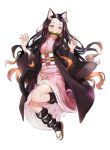  1girl animal_ears bamboo bit_gag black_hair brown_hair cat_ears cat_tail claw_pose full_body gag geta hair_ribbon highres japanese_clothes kamado_nezuko kimetsu_no_yaiba kimono long_hair long_sleeves looking_at_viewer mery_(apfl0515) mouth_hold multicolored_hair pink_eyes pink_kimono pink_ribbon ribbon simple_background solo tail very_long_hair white_background 