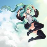  1girl absurdres boots green_eyes green_hair hatsune_miku highres mac_(pixiv31869137) microphone thigh_boots thighhighs twintails vocaloid 