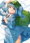  1girl :o absurdres arm_up backpack bag bangs blue_eyes blue_hair blue_jacket blue_skirt blush breasts commentary_request cowboy_shot cropped_jacket djchanmio green_headwear hair_bobbles hair_ornament hat highres jacket kawashiro_nitori key long_hair long_sleeves looking_at_viewer medium_breasts pocket shirt skirt skirt_set solo touhou two_side_up water white_background white_shirt 