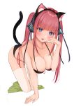  1girl absurdres all_fours animal_ears bare_shoulders black_bra black_panties blue_eyes bra breasts cat_ears cat_tail cleavage collarbone commentary_request go-toubun_no_hanayome green_skirt hair_ornament hand_up highres kemonomimi_mode large_breasts long_hair looking_at_viewer nakano_nino open_mouth panties pink_hair simple_background skindentation skirt skirt_removed solo tail thighhighs twintails uiri-na underwear underwear_only white_background white_legwear 