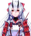  1girl armor bangs bow commentary eyebrows_visible_through_hair eyes_visible_through_hair fate/grand_order fate_(series) fuuna_(conclusion) hair_between_eyes hair_bow japanese_armor long_hair looking_at_viewer oni_horns red_bow red_eyes sidelocks simple_background solo sword tied_hair tomoe_gozen_(fate/grand_order) turtleneck upper_body weapon white_background white_hair 