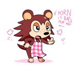  2019 animal_crossing apron breath brown_body brown_fur clothing darkacguy english_text eulipotyphlan female freckles fur gesture hand_on_hip hedgehog japanese_text mammal nintendo open_mouth sable_able scolding simple_background solo striped_tail stripes text video_games white_background 