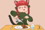  1girl :3 animal_ears artist_name bangs beige_background blunt_bangs bow braid cat_ears cat_tail commentary_request cup curry curry_rice dated dress drink drinking_glass eyebrows_visible_through_hair food frilled_dress frilled_sleeves frills gravy_boat green_dress hair_bow holding holding_spoon kaenbyou_rin long_hair long_sleeves onikobe_rin pink_background pinky_out plate pouring red_hair rice simple_background slit_pupils smile solo spoon table tablecloth tail tongue tongue_out touhou twin_braids twintails water 