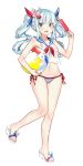  1girl absurdres ash_arms ball bangs bare_arms bare_shoulders beachball bikini bikini_under_clothes blue_eyes blue_hair blue_ribbon blue_sailor_collar blush breasts carrying_under_arm collarbone eyebrows_visible_through_hair food full_body goyain groin hair_ornament hair_ribbon highres holding holding_food long_hair looking_at_viewer navel neckerchief open_mouth popsicle red_neckwear red_ribbon ribbon sailor_collar sailor_shirt sandals sbd_dauntless_(ash_arms) see-through shirt side-tie_bikini sidelocks simple_background sleeveless sleeveless_shirt small_breasts solo standing standing_on_one_leg star star_hair_ornament striped striped_bikini swimsuit transparent twintails white_background white_footwear white_shirt 