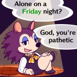  1:1 2020 animal_crossing ascot brick brick_floor clothing crossed_legs dark_background darkacguy dress dress_shirt english_text eulipotyphlan female fur hand_on_leg hedgehog labelle_able looking_at_viewer mammal meme nintendo open_mouth pumps purple_body purple_clothing purple_dress purple_fur scarf shirt shirt_cuffs sitting smile solo speech_bubble spotlight stone_floor text topwear undershirt video_games 