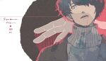  1boy artist_name bangs blood blood_from_mouth blue_eyes blue_hair character_name ghost_rule_(vocaloid) hands looking_to_the_side maki_tamaki male_focus niconico solo song_name soraru sweater swept_bangs turtleneck turtleneck_sweater upper_body 