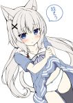  1girl :t animal_ear_fluff animal_ears bangs black_legwear blue_bow blue_dress blue_eyes blush bow bow_panties cat_ears cat_girl cat_tail closed_mouth commentary_request dress dress_lift dutch_angle eyebrows_visible_through_hair grey_hair hair_ornament highres lifted_by_self long_hair looking_at_viewer low_twintails original panties pout sakuraba_hikaru_(loveindog) short_sleeves sidelocks simple_background solo striped striped_bow tail thighhighs translation_request twintails underwear very_long_hair white_background white_panties x_hair_ornament 