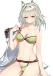  1girl animal_ears arknights artist_name blush bra breasts cat_ears collarbone green_bra green_eyes green_panties highres kal&#039;tsit kirsos looking_at_viewer medium_breasts navel panties short_hair silver_hair simple_background sitting solo underwear underwear_only white_background 