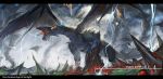  absurdres animal cloud cloudy_sky commentary_request copyright_request dragon floating_island highres letterboxed lightning molten_rock no_humans open_mouth outdoors pixiv_fantasia pixiv_fantasia_age_of_starlight sharp_teeth sky teeth tornado tsubaki_(yi) 