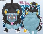  &lt;3 belly big_belly big_breasts black_body black_fur blush body_outline breasts burping female female_pred fidchellvore fur hand_on_stomach lucario luxray navel nintendo oral_vore pok&eacute;mon pok&eacute;mon_(species) purple_sclera rumbling_stomach tongue video_games vore yellow_sclera 