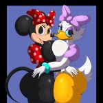  1:1 2020 anatid anseriform anthro avian beak bird breast_squish breasts breasts_frottage clothing daisy_duck digital_media_(artwork) disney duck duo eyelashes female female/female gloves handwear hi_res looking_at_viewer mammal minnie_mouse mouse murid murine ribbons rodent side_view signature simple_background squish suirano 