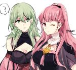  2girls ? armor breasts byleth_(fire_emblem) byleth_(fire_emblem)_(female) byleth_(fire_emblem)_(female)_(cosplay) cleavage closed_mouth cosplay costume_switch fire_emblem fire_emblem:_three_houses green_eyes green_hair hilda_valentine_goneril hilda_valentine_goneril_(cosplay) large_breasts long_hair multiple_girls naho_(pi988y) one_eye_closed pink_eyes pink_hair ponytail simple_background spoken_question_mark twitter_username upper_body white_background 