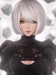  1girl black_dress black_hairband blurry blurry_background bob_cut breasts breasts_apart cleavage cleavage_cutout cube dress facing_viewer hair_over_one_eye hairband juliet_sleeves limgae lips lipstick long_sleeves makeup medium_breasts mole mole_under_mouth nier_(series) nier_automata no_blindfold nose pink_lips pink_lipstick puffy_sleeves short_hair silver_eyes silver_hair solo turtleneck upper_body watermark web_address yorha_no._2_type_b 