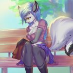  1:1 anthro bench blue_hair breasts clothed clothing female fluffy fluffy_tail fully_clothed hair hi_res legwear mammal on_bench panties prisma6 solo stockings thigh_highs underwear yellow_eyes 